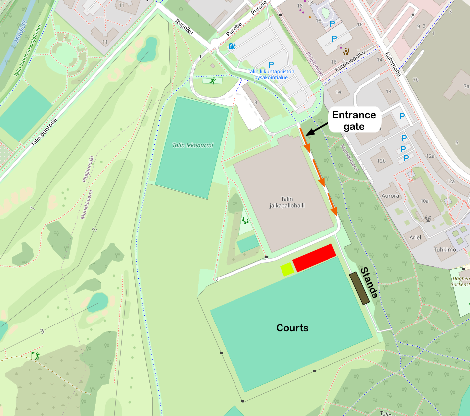 Venue map showing the entrance gate, the walking route to the courts, and the stands